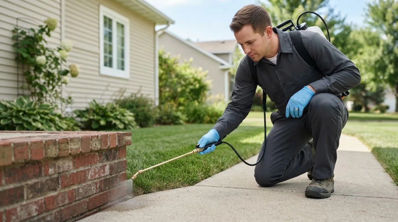 Pest control technician treating a home near Farmington, NY