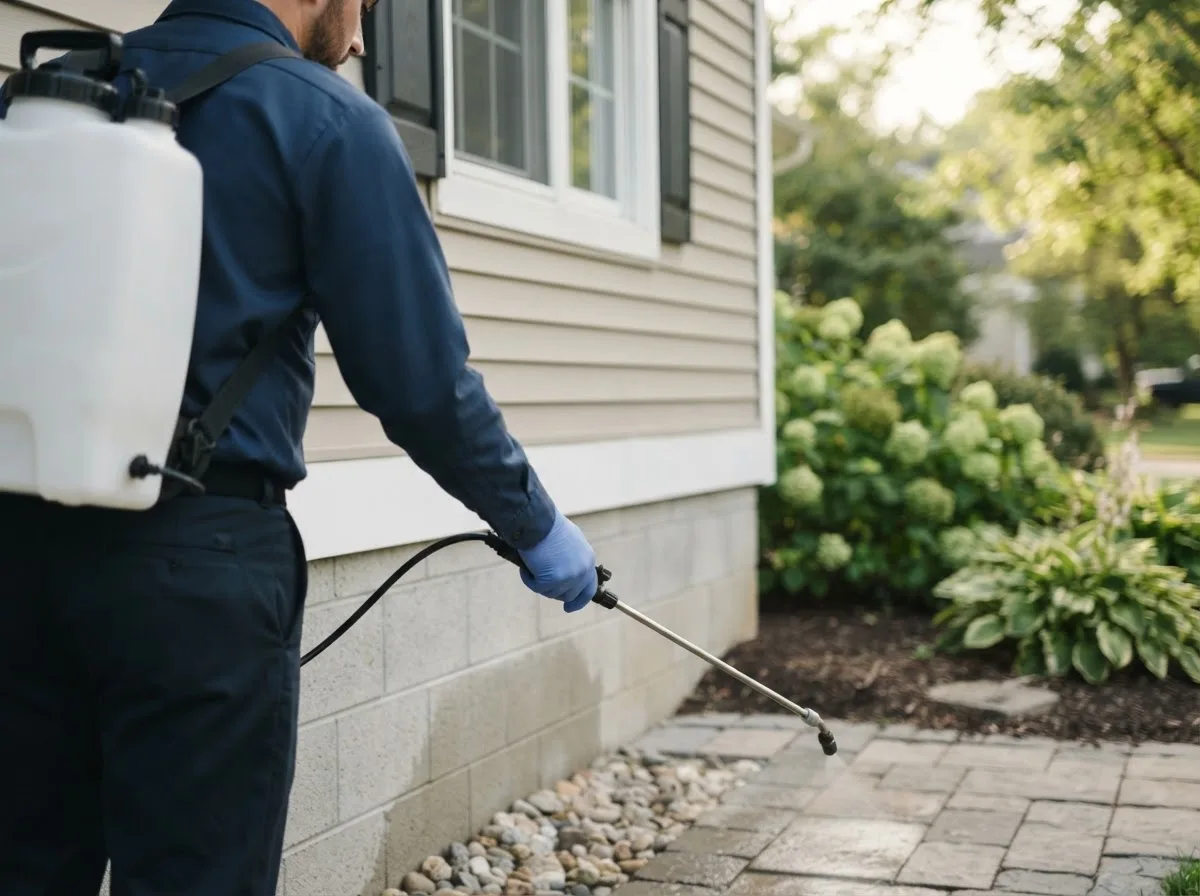 Pest control technician inspecting a home in Farmington, NY